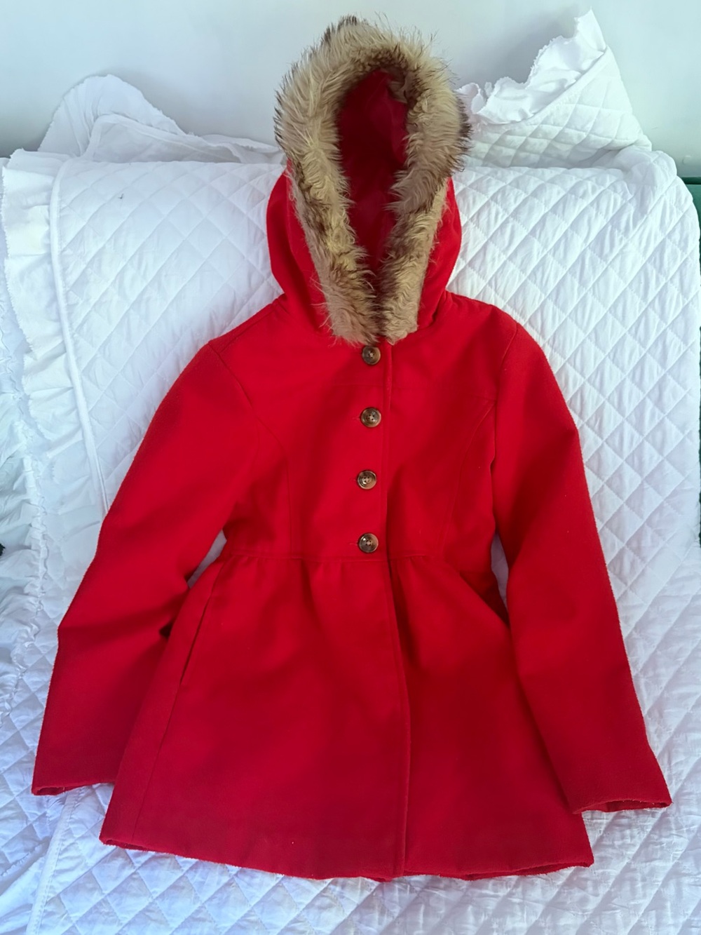 Crazy 8 Red Hooded Pea Coat with Faux Fur Trim